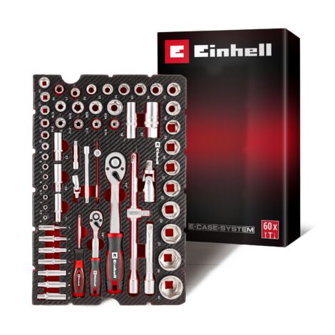 Einhell Mix&Match Insert Douilles et Cliquets 60 pcs (Cliquets Réversibles, Douilles Bougies, Douilles 6 Pans, Douilles Profil E, Système E-Case)