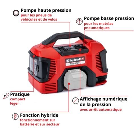 Einhell Compresseur hybride PRESSITO - Solo Power X-Change (18V, 90 W, Longueur tuyau haute pression : 710 mm, Câbles et tuyaux intégrés) Livré sans Batterie ni Chargeur