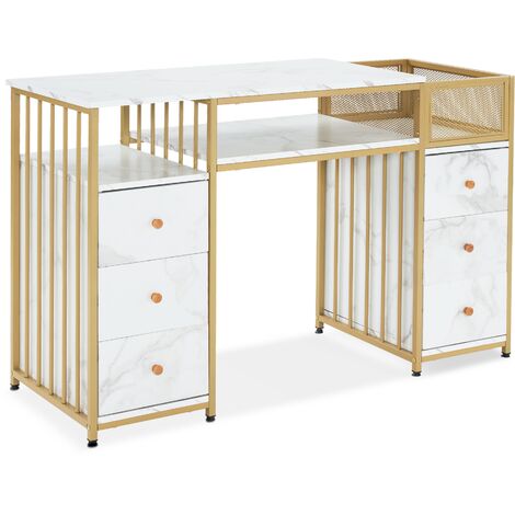 M MCombo Schreibtisch mit 6 Schubladen, Nageltisch aus Holz Metallgestell, Manikürtisch Marmor-Weiß Gold, Schminktisch ohne Spiegel Modern, Computertisch mit Ablagen Wohnzimmer, 46x125x81cm, 2425