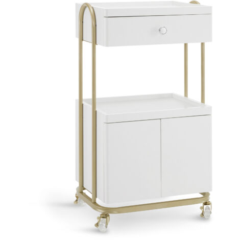 M MCombo Servierwagen mit Rollen & Schublade, Rollwagen Friseurwagen Weiß-Gold, Salon Trolley mit 2 Ablagen und Schrank, Moderner Arbeitswagen für Bad Wohnzimmer, 36x50x87cm, 0086