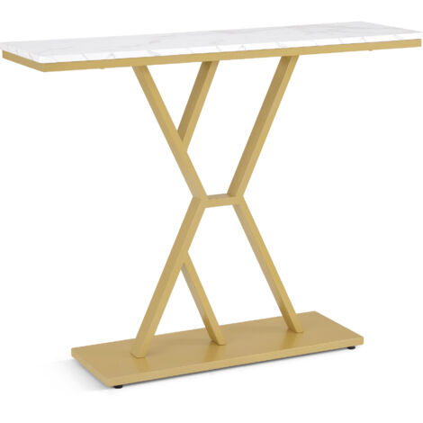 BarberPub Konsolentisch Schmal, Eingangstisch Holz Metallgestell, Flurtisch mit 2 Ebenen, Moderner Beistelltisch für Flur, Wohnzimmer, Vorzimmer, Eingang, Foyer, Marmor-Weiß Gold, 30x100x80cm, 2237 (1/5)