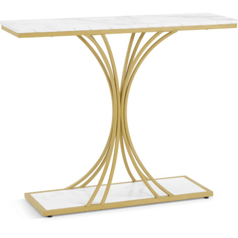 BarberPub Konsolentisch Schmal, Eingangstisch Holz Metallgestell, Flurtisch mit 2 Ebenen, Moderner Beistelltisch für Flur, Wohnzimmer, Vorzimmer, Eingang, Foyer, Marmor-Weiß Gold, 30x100x80,5cm, 2226 (1/5)