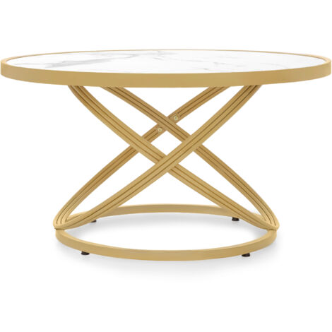 BarberPub Couchtisch Rund Holz, Moderner Sofatisch, Kleiner Beistelltisch Metall, Kaffeetisch für Wohnzimmer, Schönheitssalon, Wohnzimmertisch Marmor-Weiß Gold, 80x80x45cm, 2175