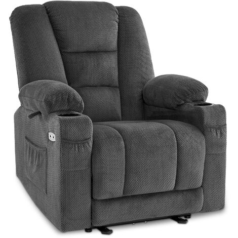 M MCombo Fernsehsessel elektrisch verstellbar, Relaxsessel mit Liegefunktion, TV Sessel mit Massage & Wärmefunktion, USB & Getränkehalter, Wohnzimmer, Stoff, 7008 (Dunkelgrau-Stoff)