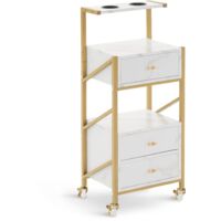 M MCombo Friseurwagen mit Rollen & 3 Schubladen, Rollwagen Servierwagen Weiß-Gold, Salon Trolley mit 2 Ablagen & 2 Föhnhalter, Moderner Arbeitswagen für Bad Wohnzimmer 0048WG