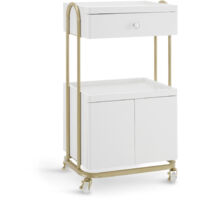 M MCombo Servierwagen mit Rollen & Schublade, Rollwagen Friseurwagen Weiß-Gold, Salon Trolley mit 2 Ablagen und Schrank, Moderner Arbeitswagen für Bad Wohnzimmer, 36x50x87cm, 0086