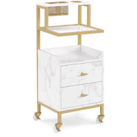 BarberPub Friseurwagen mit Rollen & 2 Schubladen, Rollwagen Servierwagen, Salon Trolley mit 2 Ablagen & Föhnhalter, Moderner Arbeitswagen für Bad Wohnzimmer, 32x37x87cm, Weiß-Gold, 0029