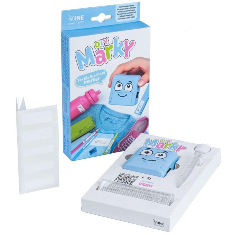 COLOP Marky Tampon Textile Personnalisable Bleu – Kit DIY Nom & Motifs Pour Vêtements, Trousse, Étiquettes Enfant Lavables