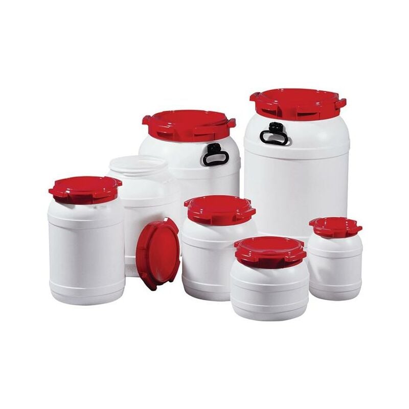 Tonnelet cylindrique 3,6 l PE blanc avec couvercle rouge sans poignées de transport D. d’ouverture de remplissage 137 mm