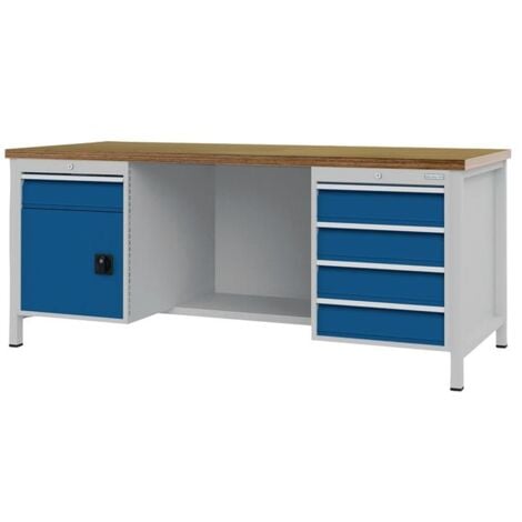 Établi bleu séc., RAL 5005 gris clair, RAL 7035 l2000xH859xP750 mm Hêtre multiplex 40 mm 5 tiroirs 1 porte