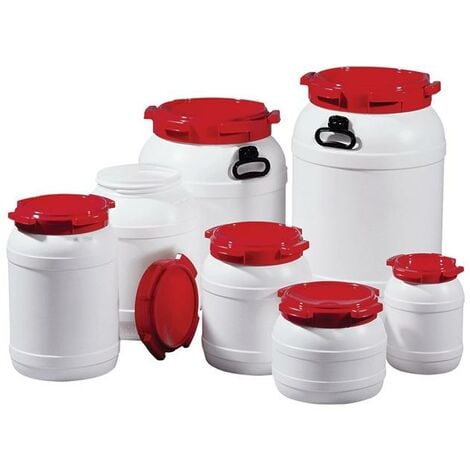 Tonnelet cylindrique 3,6 l PE blanc avec couvercle rouge sans poignées de transport D. d’ouverture de remplissage 137 mm