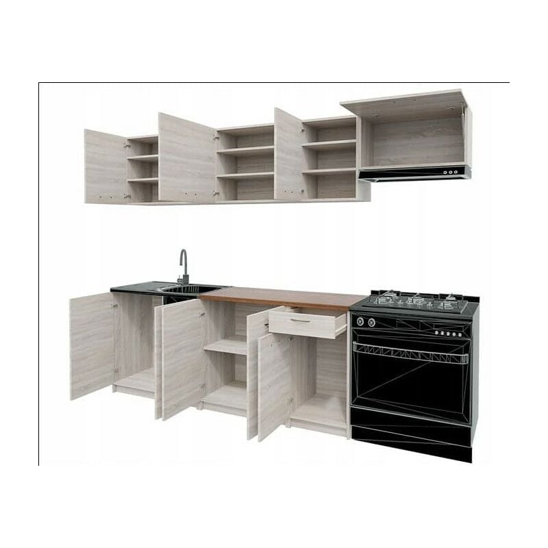 Mueble Cocina completa 300 cms color Roble, zocalos incluidos, ref-07  OPCIONALES: Fregadero, grifo y encimera.