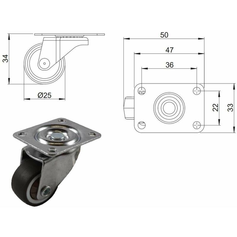 Lot De 4 Roulettes Caoutchouc ⌀25mm Avec Plaque Métal - Charge 20kg - Castors