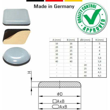 4x patin de chaise avec embout teflon PTFE diamètre D1 = 16mm