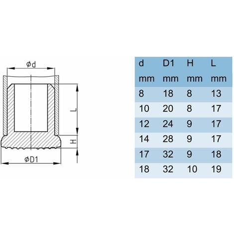 10x embout de pied d = 10mm D1 = 20mm plastique tube chaise plastique  capuchon protection