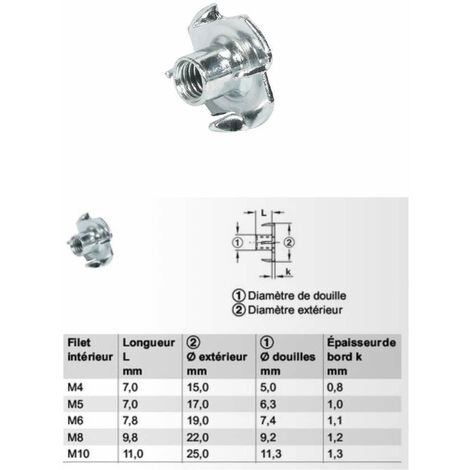 10x écrou à griffe M8 acier et vis fixation meuble bois lit table chaise armoire étagère