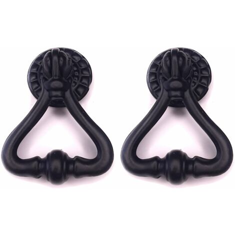 2x Anneau pendant de meuble régence ancien 50mm bouton armoire tiroir, fer noir (1/2)