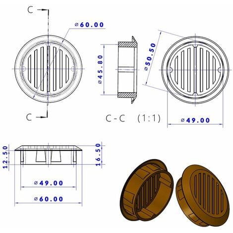 10x Grille d'aération ronde en plastique diamètre d'encastrement 49mm hauteur 16,5mm Ventilation Cache Protection Plafond Mur, gris