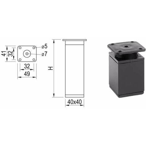 4x Pied de meuble carré 40 x 40mm ajustable ±15 mm en plastique à visser Meuble Tv Canapé Buffet Armoire Table Lit Bureau, hauteur 60mm finition noir mat