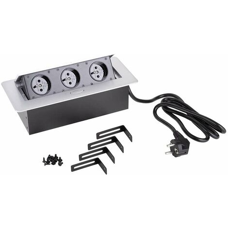 Cyclingcolors – Multiprise encastrable 3 prises 230V – Câble 1,5m – Métal argenté imitation inox – Installation facile pour plans de travail