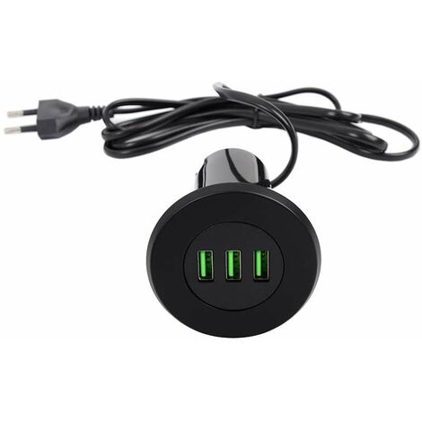 Cyclingcolors – Chargeur USB encastrable 3 prises Ø46mm – 5V 3100mA – Câble 1,4m – Charge rapide pour appareils multimédias – Plastique noir