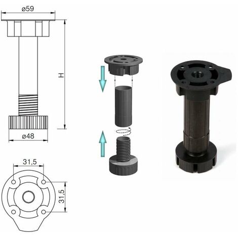 4x Pied De Meuble Cuisine Hauteur Réglable 150 à 190 Mm Blanc 34 Mm Support Plastique Plinthe