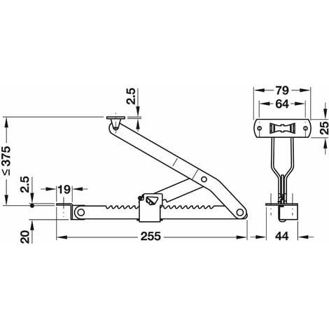 2x Charnière ferrure de levage à 19 crans d'arrêt en acier zingué pour sommier couchette grand lit hauteur max 375mm à visser Bras Support Compas Encoche Meuble Lit Canapé Table Chambre Salon