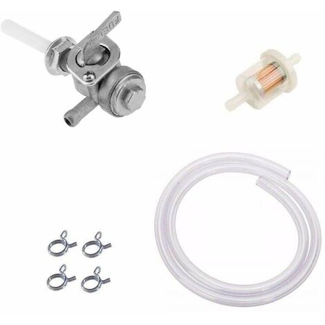 Kit essence : robinet essence métal coudé 90° on off M10 + collier + durite + filtre universel moto scooter tondeuse tracteur (1/5)