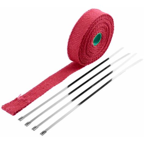 Bande d'isolation thermique universelle 25mm x 10m en fibre de verre avec 5 attaches zippées verrouillables Ruban Protection Bouclier Tuyau Moteur Echappement Isolant, rouge