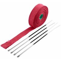 Bande d'isolation thermique universelle 25mm x 10m en fibre de verre avec 5 attaches zippées verrouillables Ruban Protection Bouclier Tuyau Moteur Echappement Isolant, rouge