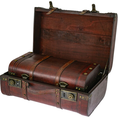 HMF Schatkist van hout, grote Schatkoffer met kliksluitingen, decoratieve vintage koffer voor kinderfeestje, bruiloft of jubileum | 40 x 23,5 x 16,5 cm | Peru