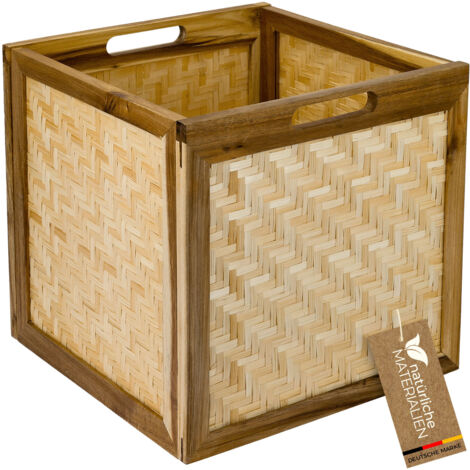 HMF Aufbewahrungskorb für Kallax Regale, Korb aus Rattan mit Wiener Geflecht und Akazienholz, Muster 1, 32x34x32 cm
