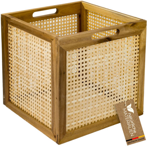 HMF Aufbewahrungskorb für Kallax Regale, Korb aus Rattan mit Wiener Geflecht und Akazienholz, Muster 3, 32x34x32 cm
