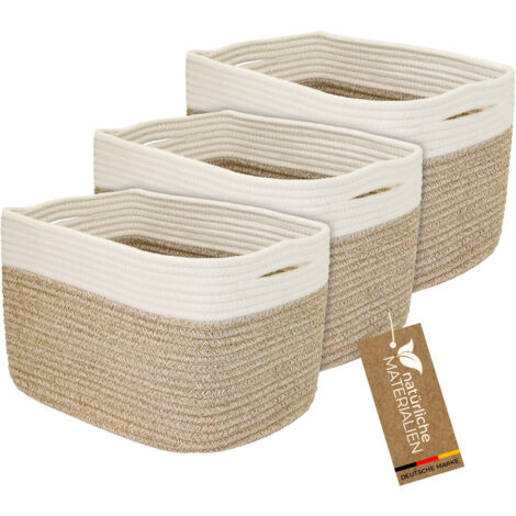 HMF Aufbewahrungskorb mit versteckten Griffen, 3er Set, Korb aus Baumwolle, 37,5 x 25 x 22,5 cm, Weiß-Braun (1/5)