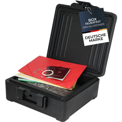 HMF Feuerfeste Dokumentenbox DIN A4 Ordner, wasserdichte Geldkassette abschließbar, 39 x 40 x 17 cm, Schwarz (1/4)