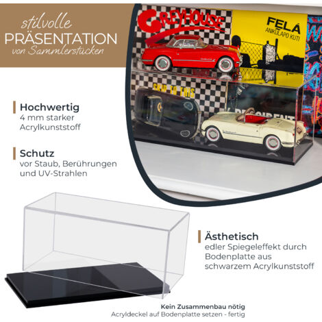 HMF Vitrina Acrílica Para Coches Escala Y Figuras – 30x15x14 Cm, Tapa Transparente Y Base Negra Reflectante, Protección UV Y Polvo