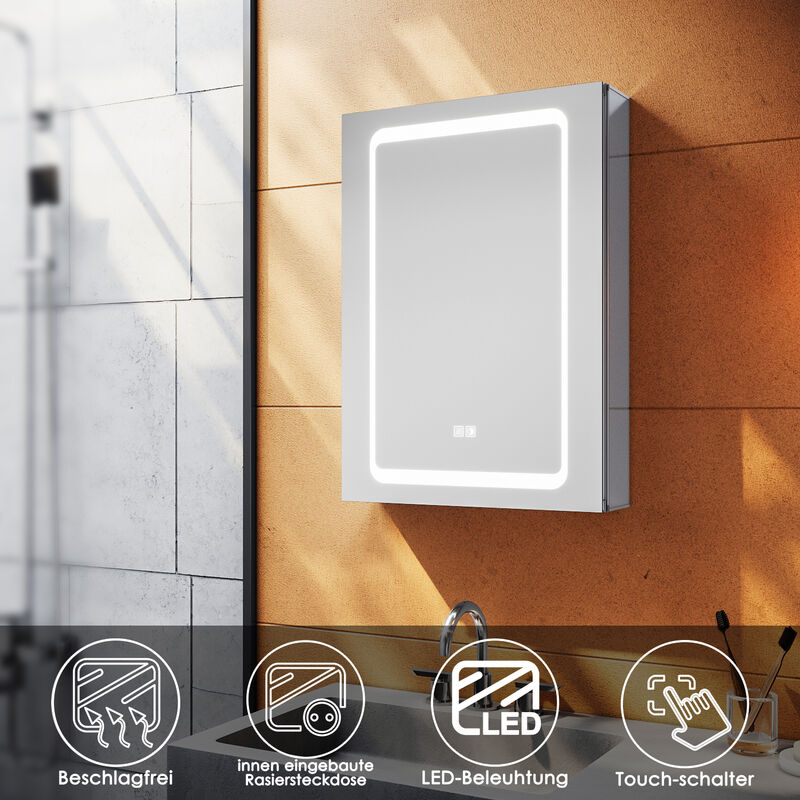 SONNI Aluminium LED Spiegelschrank Badezimmerspiegel wandschrank Badschrank  mit Touch Steckdose und Beschlagfrei 50x70x13.3cm Energiesparender IP44
