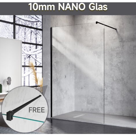SONNI Walk in Dusche Duschwände Duschwand Duschabtrennung Schwarz 10mm NANO Klares Sicherheitsglass 90x200cm mit 120cm Stabilisierungsstange