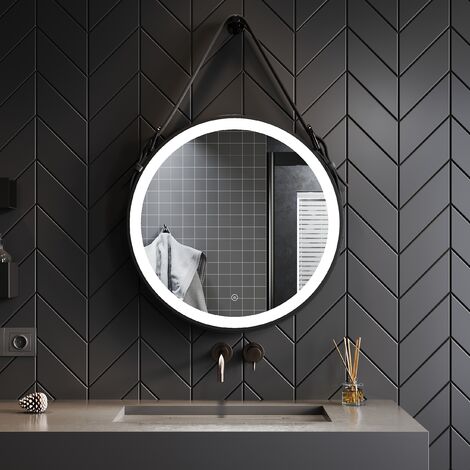 SONNI Runder Badspiegel LED Beleuchtung Badezimmerspiegel mit led  Wandspiegel Rund 60x60cm Touch Beschlagfrei verstellbarer Ledergürtel  Schwarz