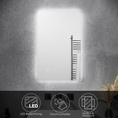 SONNI Badspiegel mit Beleuchtung Lichtspiegel LED Spiegel kaltweiß IP44 Badezimmer Wandspiegel mit Touch-Schalter Beschlagfrei Badezimmerspiegel Kupfer/bleifreie Wandspiegel 80 x 50 cm (1/5)