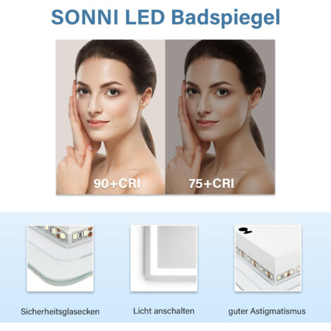 SONNI LED Spiegel Badezimmerspiegel Mit Touch 45x60cm Mit Beleuchtung Badezimmer Kaltweiß Energiesparender IP44