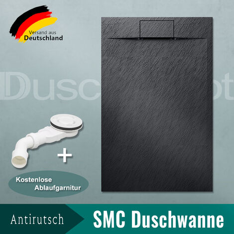 SONNI Duschwannen 140x90cm Flach Duschtasse hochwertige für Duschkabine Badezimmer SMC Schwarz 32mm Schiefer-Textur inkl.Ablaufgarnitur Antirutsch Schneidbaren Design