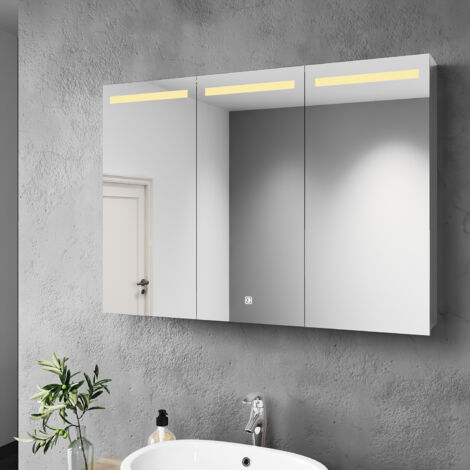 SONNI 3 Lichtfarben Dimmbar LED Spiegelschrank Badezimmerspiegel Badspiegel Touch Steckdose Edelstahl 90x65cm Kabelloses Scharnier Design