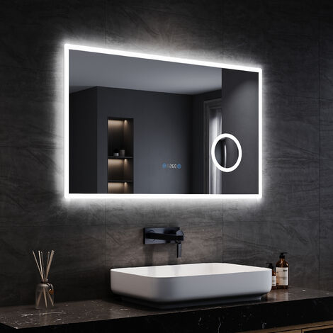 SONNI LED Badspiegel Beschlagfrei Touch Schalter Energie Sparen Mit dreifacher Lupe Mit Uhr Vergrößerungsspiegel Klatweiß 80x60cm