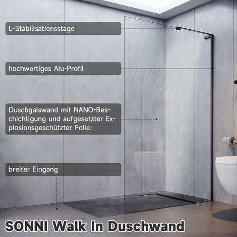 120x200cm Walk in Duschwand  NANO ESG 6mm Nanobeschichtung glas mit Splitterschutzfolie,Walk in Duschtrennwand Glaswand mit Edelstahl L-Stabilisator schwarzer Rahmen aus Aluminium zeinfache Reinigung