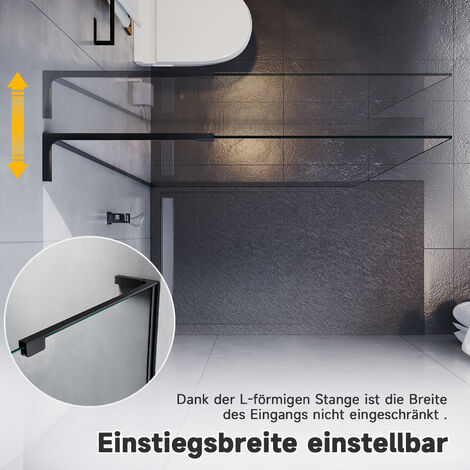 120x200cm Walk in Duschwand  NANO ESG 6mm Nanobeschichtung glas mit Splitterschutzfolie,Walk in Duschtrennwand Glaswand mit Edelstahl L-Stabilisator schwarzer Rahmen aus Aluminium zeinfache Reinigung