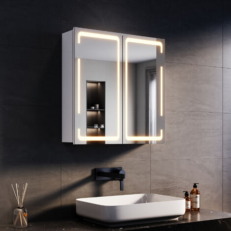 SONNI Spiegelschrank mit LED-Beleuchtung 59 x 60 x 14cm Anti-Beschlag 2-türiger Spiegelschrank Dreifarbige Beleuchtung Mit kabellosem Scharnierdesign und Steckdose (1/5)