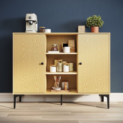 FANTASK Sideboard Mit Rattan-Türen – Boho Schrank Mit 3 Verstellbaren Regalen Für Küche & Wohnzimmer (80x38x81 Cm, Schwarz)