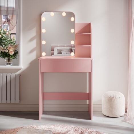 SONNI Rosa Schminktisch mit LED-Beleuchtung, Frisiertisch mit Spiegel, Weihnachtsgeschenk