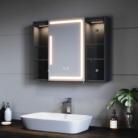 SONNI Spiegelschrank Bad mit Beleuchtung und Steckdose LED Spiegelschrank mit Touch-Schalter, 3 Einstellbare Lichtfarben Beschlagfrei, Mit Ablagefläche 80×60 cm